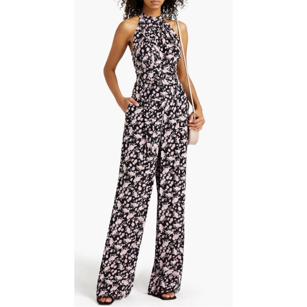 DVF Diane Von Furstenberg Nicola Black Pink Floral Belted Wide Leg Silk Jumpsuit